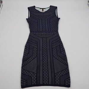 BCBGMAXAZRIA Geometric Jacquard Knit Dress Womens XXS Navy Blue Sleeveless Sheat